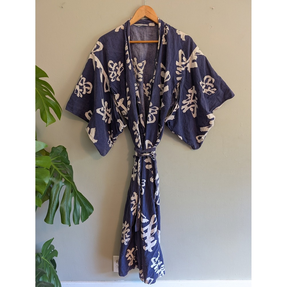 Vintage Horchow Blue White Kanji Print Cotton Yukata Kimono Robe Made in Japan